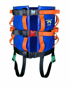 A product photo of a blue bariatric binder lift with orange straps on the front and dangling leg straps