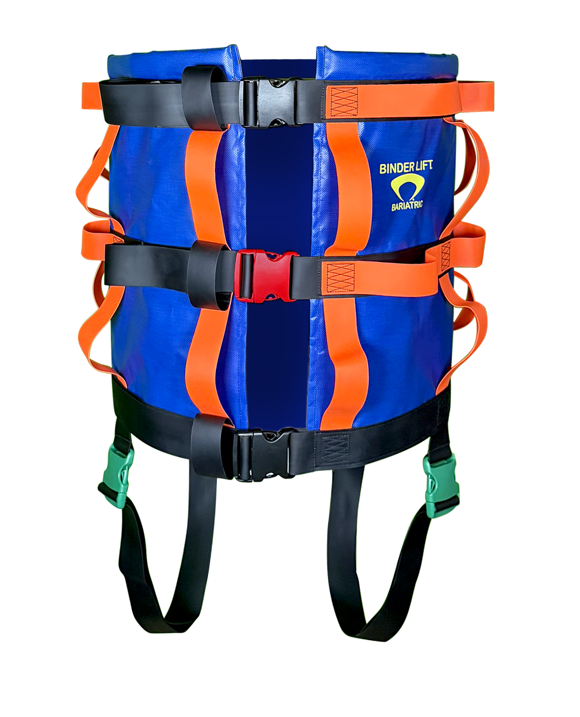 A product photo of a blue bariatric binder lift with orange straps on the front and dangling leg straps