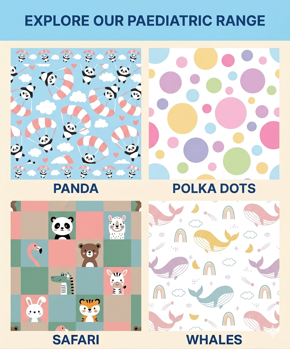 Midmed paediatric disposable curtain designs: Panda, Polka Dots, Safari, Whales